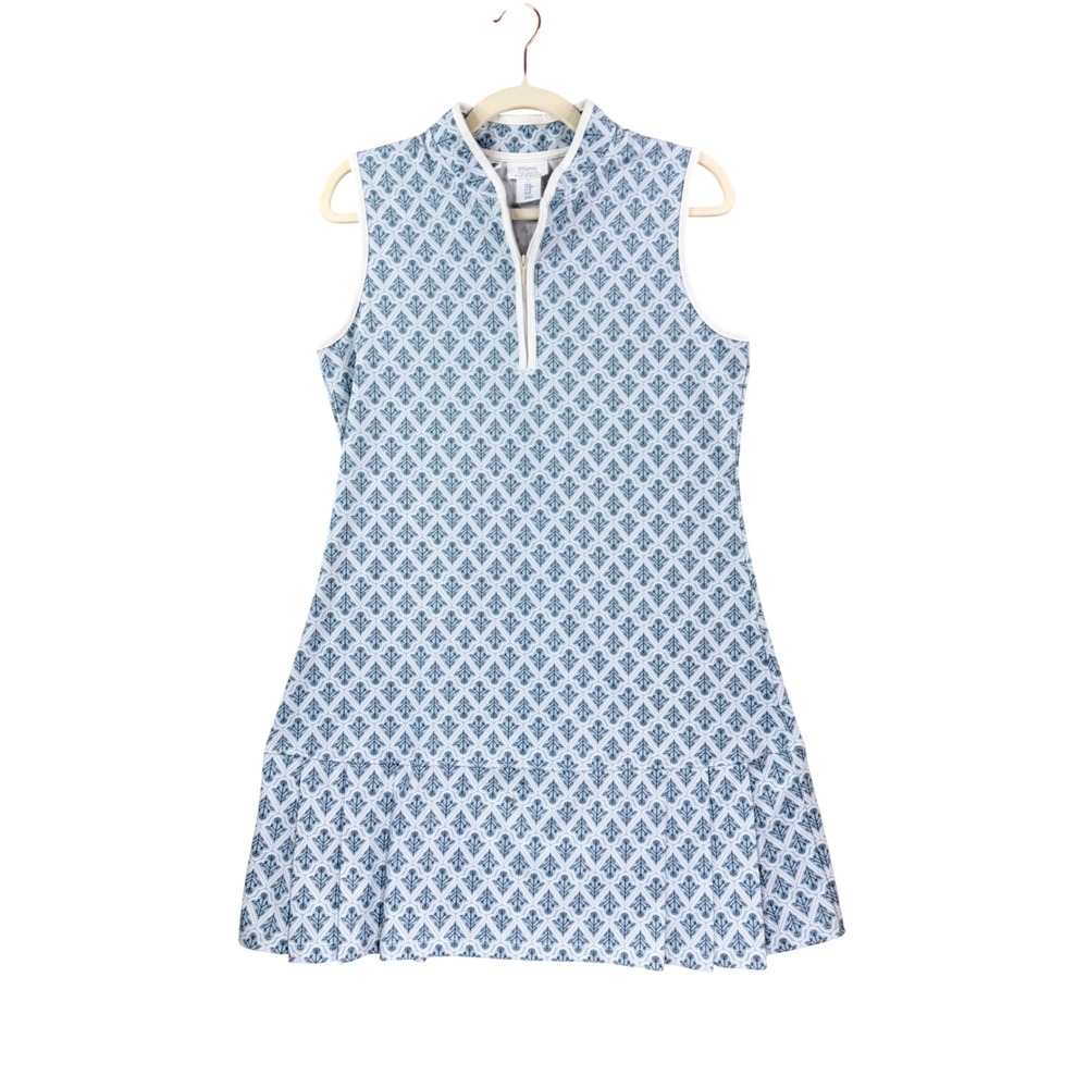 Sigrid Olsen Golf & Tennis Dress Womens M Blue White Floral Pleated Hem Zip